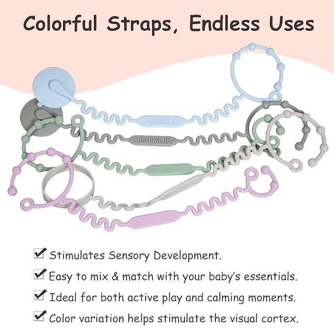 Silicone Baby Toy Straps – 5 Pack Adjustable Toy Holders for Stroller, High Chair & Car Seat – Durable Pacifier Leash, Bottle Strap & Baby Travel Essential
