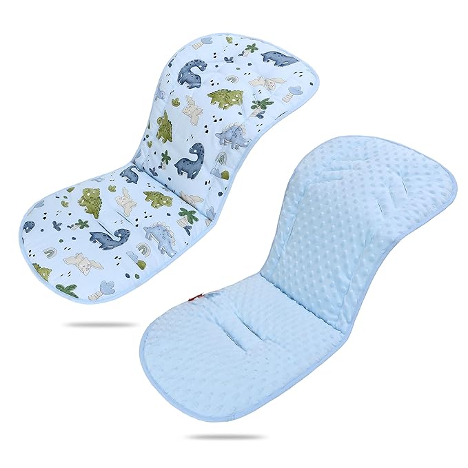 Baby Stroller Cushion,Soft Minky Dotted and Printed Stroller Seat Liner-Reversible Universal Breathable and Soft Newborn Pram Pad, Cotton Infant Car Seat Insert-82x37cm,1 Pack(Dinosaur+Baby Blue)