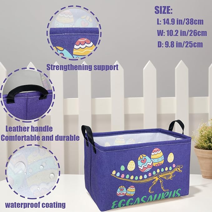 ASKETAM Dinosaur Easter Basket for Kid Large Empty Baby Rectangular Cute Easter Gift Bunny Eggs Décor Storage Basket (Skeleton Dinosaur)