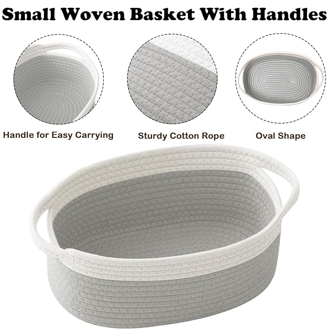 3 Pack Small Woven Rope Basket-Empty Gifts Basket with Bag and Ribbons,Cute Handle Organizer Box for Birthday/Baby Shower, Toy Storage, Nursery Organizing & Shelf Decor(White&Grey)