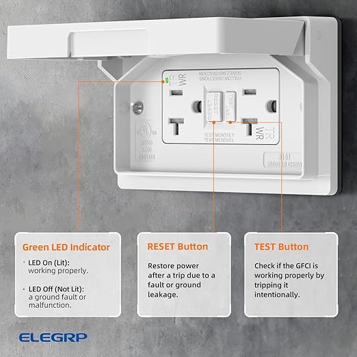 ELEGRP Horizontal Outdoor GFCI Outlet with Cover, Weather Resistant GFCI Receptacle and Wall Plate, 20 Amp Self-Test GFI Outlet, Thinner Design Ground Fault Receptacle, UL Listed, Matte White, 2 Pack