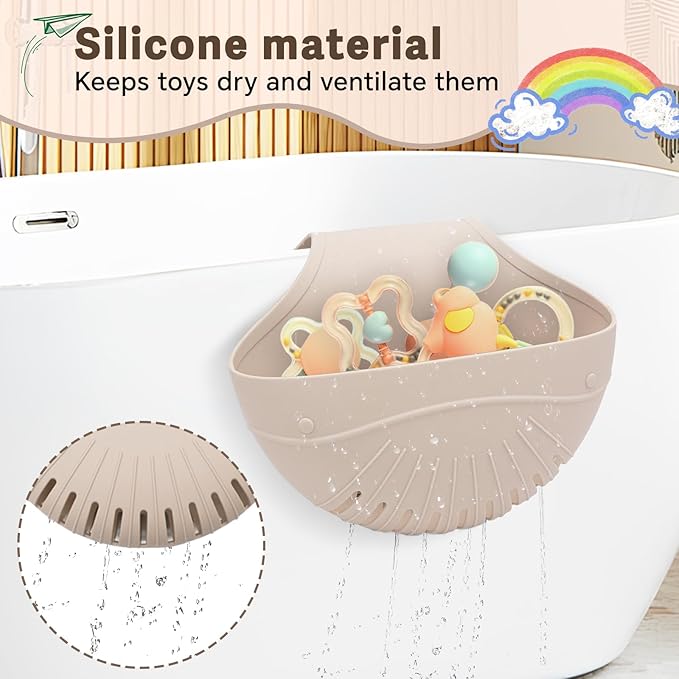 Silicone Bath Toy Organizer for Tub, Flexible 2-Compartment Bathtub Storage Basket for Kids & Adults, Drainable Toy Holder and Foldable Shower Caddy for Bathroom Essentials（Beige）