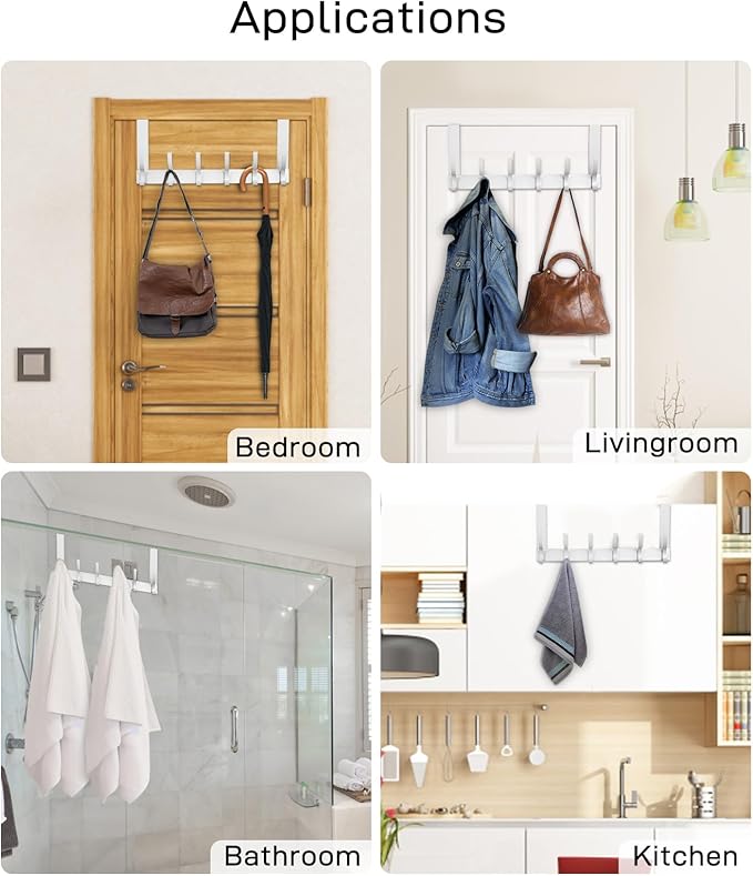 Optish Over The Door Hooks, Door Hanger Hooks for Hanging, Over The Doors Towel Racks for Bathroom with 10 Coat Hook, Coat Rack Bathroom Accessories（1 Pack, Silver）