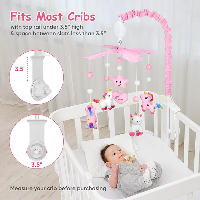 Baby Crib Mobile with Rotating Music Box and 28” Mobile Arm, Unicorm Crib Mobile for Baby Girls with 6 Plush Toys 35 Lullabies, Musical Nursery Mobile, Pink Nursery Decor, Crib Toys for Infant Baby