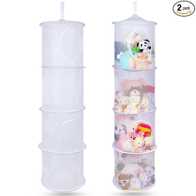 Basumee Stuffed Animals Net or Hammock 2 Pcs Stuffed Animals Storage Toy Net Hammock for Plushies Storage Organizer Mesh Kids Girls Room Decor, White, 4 Tiers