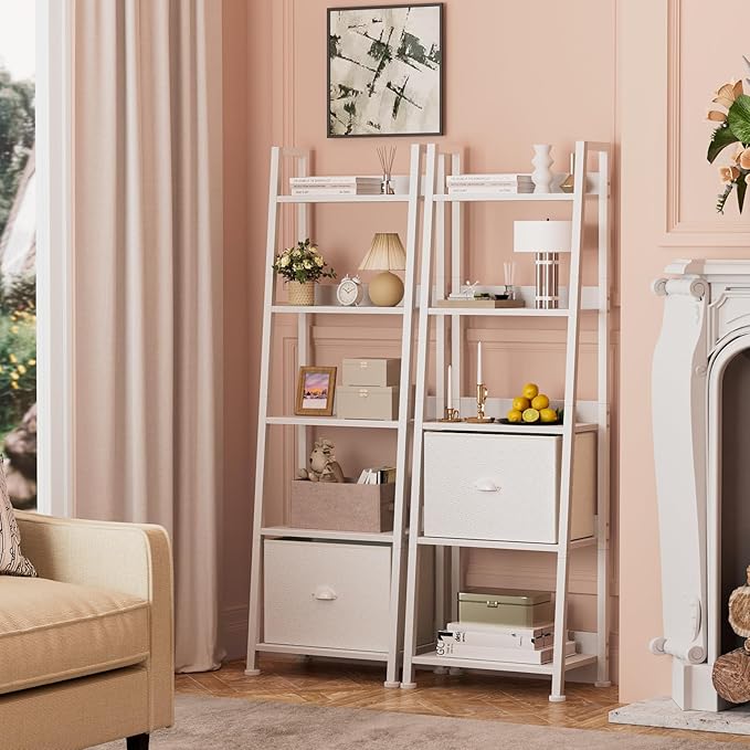 Furologee 5-Tier White Ladder Shelf, Ladder Bookshelf with Removable Drawer, Mordern Bookcase Storage Rack Organizer, Wood Metal Freestanding Storage Shelves for Living Room, Home Office, Bedroom