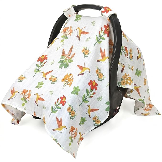 Metplus Car Seat Cover Baby, 100% Muslin Cotton Infant Carseat Covers for Boys and Girls, Lightweight Breathable Canopy, Summer Stroller Sun Shade, Newborn Travel Essentials(Hummingbird)