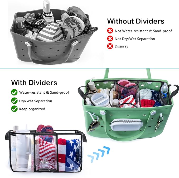 AMOIGEE Clear Beach Bag Organizer Insert with 3pcs Accessories for XL Bogg Bag Inserts - Tote Bag Divider with Sunglasses Holder, Phone Holder and Clips Hooks - Beach Tote Insert Organizer Liner