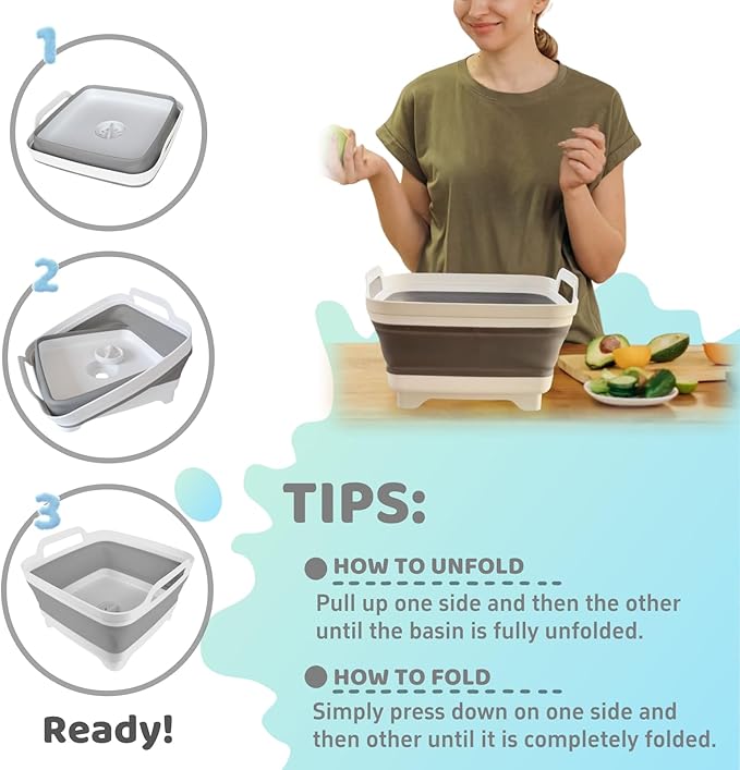 GIMWA Collapsible Wash Basin with Drain Plug - 2.4 Gallon Foldable Kitchen Sink for Baby Bottles, RV Camping, Space-Saving Dish Tub (Gray-Pink)