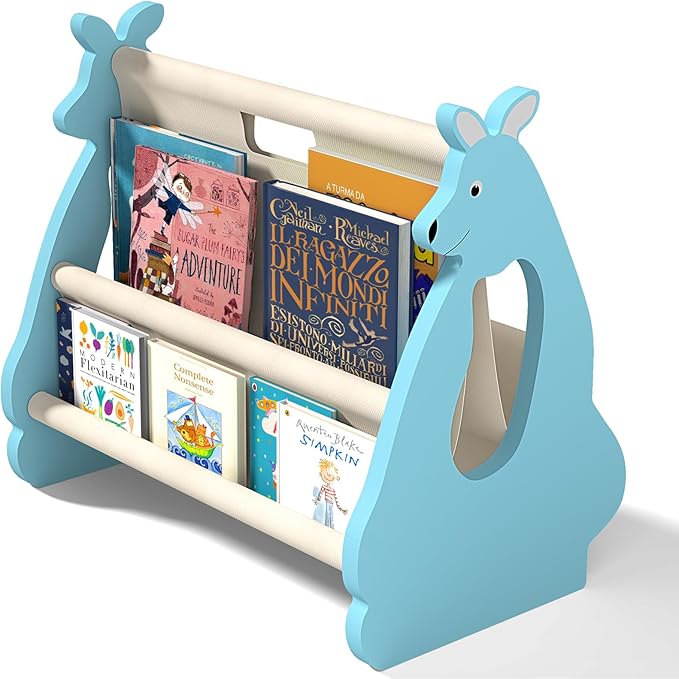 Lullulii Double Sided Kids Bookshelf – 2 Tier Portable Toddler Bookshelf, Book Shelf for Kids Rooms & Playroom, Cute Kangaroo Design Wooden Montessori Baby Bookshelf,Toddler Book Display Shelves,Blue