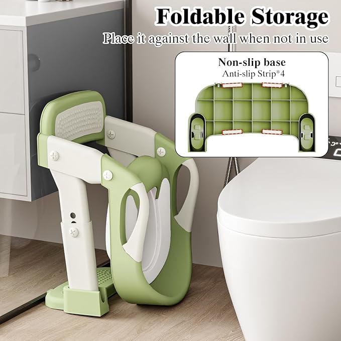 DEEKI 3 in 1 Potty Training Seat with Step Stool Ladder Foldable Anti-slip Toilet Chair Potty Seat for Toddlers Kids Boys Girls(Green)