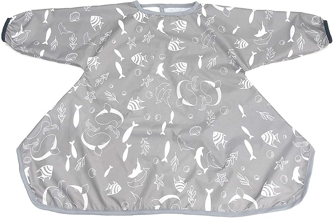 Long Sleeve Baby Bib, Attaches to Highchair, Waterproof & Portable (Gray Seaworld)
