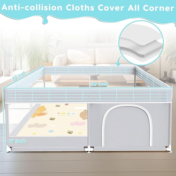 Fshibila Baby Playpen with Mat, Baby Playard for Toddlers, Sturdy Safety Play Yard with Soft Breathable Mesh, Anti-Fall, 50 * 50 * 27 inches Grey