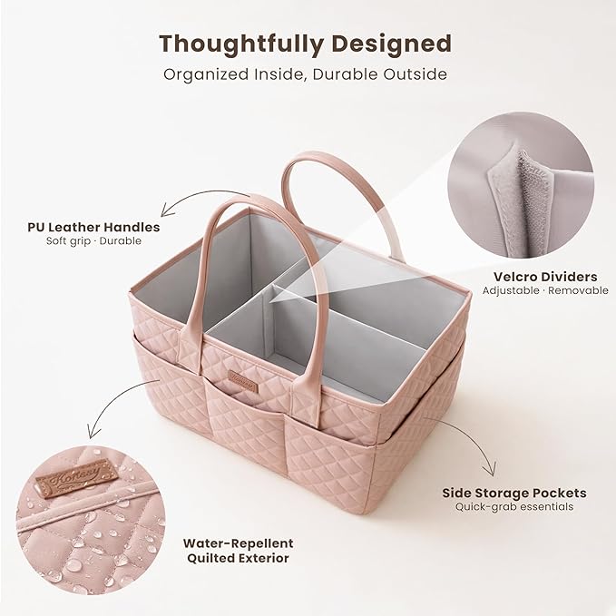 Konssy Quilted Diaper Caddy Organizer, Diaper Caddy Basket with Vegan Leather Handles, Portable Nursery Storage Basket, Water-Repellent Car Organizer, Registry Search Must Haves (Blush Pink)