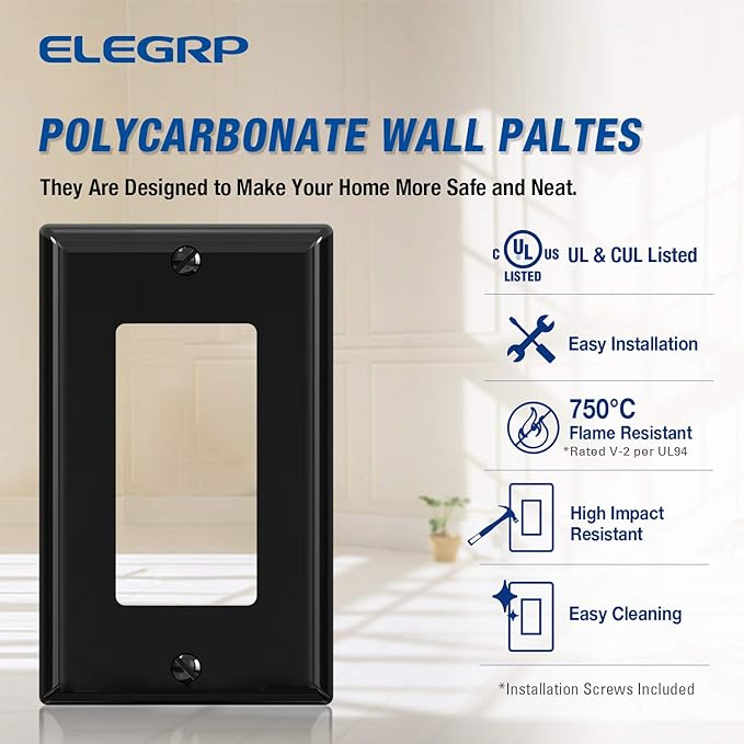 ELEGRP Decorative Receptacle Wall Plate, 1-Gang Standard Size Decorator Covers, Unbreakable Polycarbonate Faceplates for Decorator Device, UL Listed, Screws Included (100 Pack, Glossy Black)