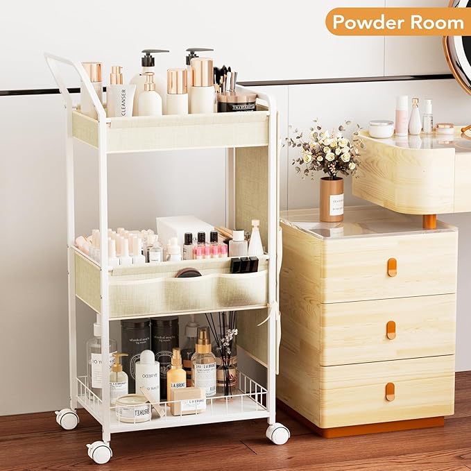 BBLIKE 3-Tier Diaper Caddy Organizer - Rolling Utility Baby Cart with Basket and Side Pockets for Nursery and Baby Essentials, Multi-Function Cart for Bedroom and Bathroom, Begie