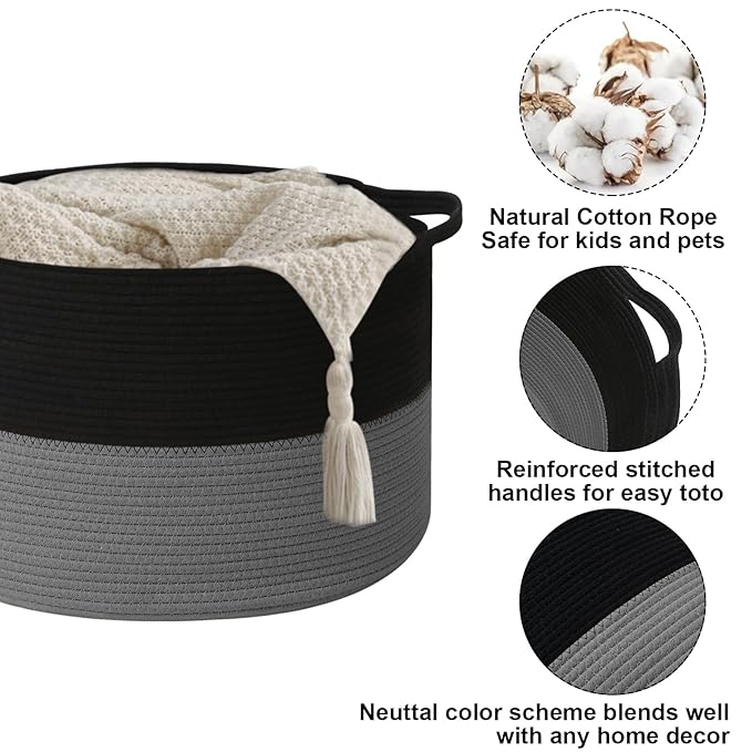 Large Storage Basket with Handle,23.6" x 23.6" x 15.7" Blanket Basket Storage Bins for Organizing,115L Cotton Rope Woven Baskets for Living Room, Nursery,Bedroom,Black&Dark Grey