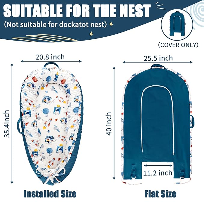 Jundetye Baby Lounger Cover for Boys Girls, Reversible Baby Nest Cover, Adjustable Baby Lounger Replaceable Cover for Infant Newborn, Portable and Machine Washable, Cotton Blue Rocket Cover Only