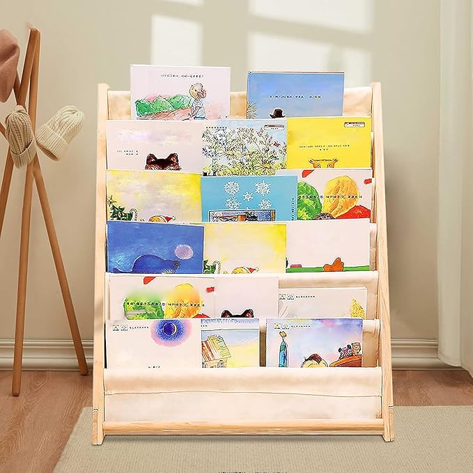 HDView Kids Bookshelf 7 Tier Wooden Book Organizer Toddler Book Sling Rack with Deep Sleeves for Boys Playroom Nursery Bedroom, Space Saver, Up to 200 Kids Books