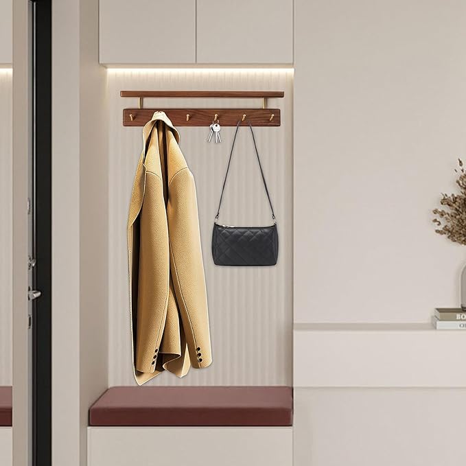 Mayhas Solid Wood Shelf with Hooks, 19 inch Coat Rack Wall Mount, Shelves with 6 Brass Hooks for Hanging in Entryway, Living Room, Bathroom, Bedroom, Kitchen(Walnut)