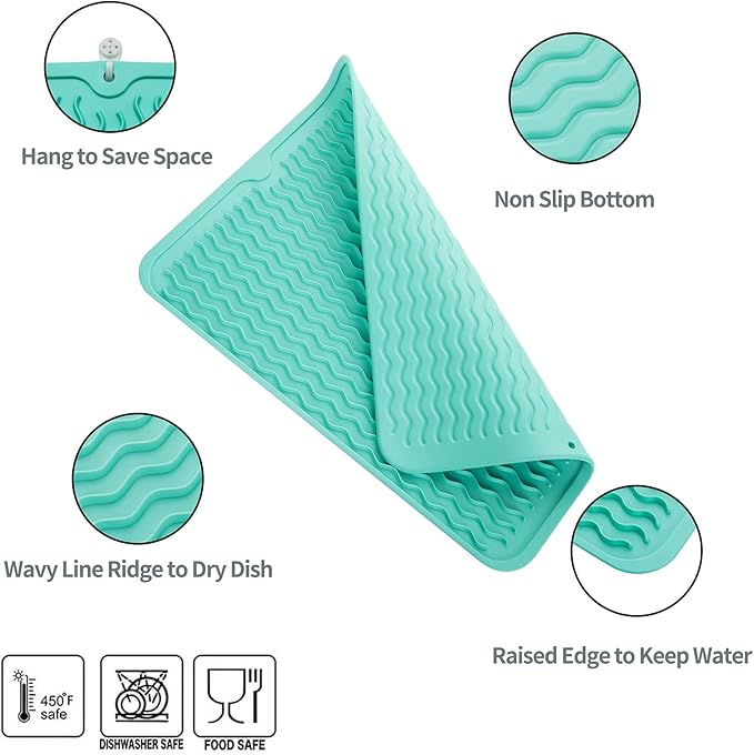 MicoYang Silicone Dish Drying Mat for Multiple Usage,Easy clean,Eco-friendly,Heat-resistant Silicone Mat for Kitchen Counter or Sink,Refrigerator or drawer liner Mint L 16 inches x 12 inches