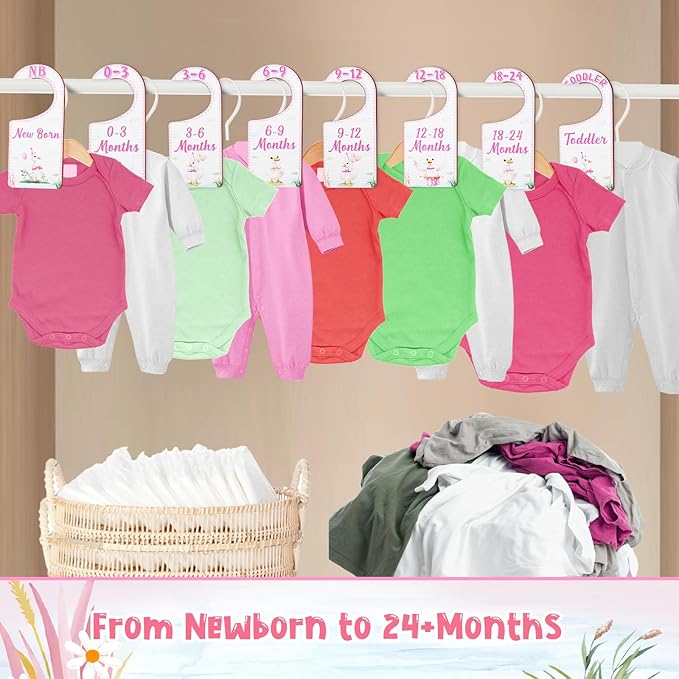 Baby Closet Dividers 8PCS, Pink Goose Themed Wooden Double-Sided Clothes Size Hanger Organizer from Newborn to Toddler for Nursery Decor Baby Shower Birthday Gift