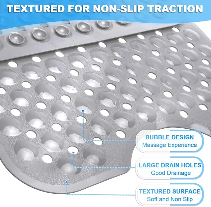 Bathtub and Shower Mats, 40x16 Inch Extra Large Non Slip Soft Bath Tub Mat with Suction Cups and Drain Holes for Bathroom Floor and Keep Tubs Clean, Machine Washable, Gray