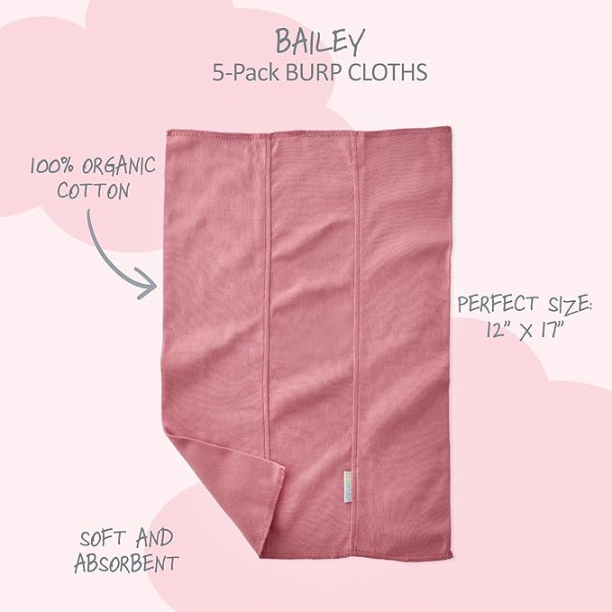 Butterblu Bailey 5-Pack Burp Cloths 100% Organic Cotton Knit for Newborn & Baby Boys & Girls, Pink, One Size