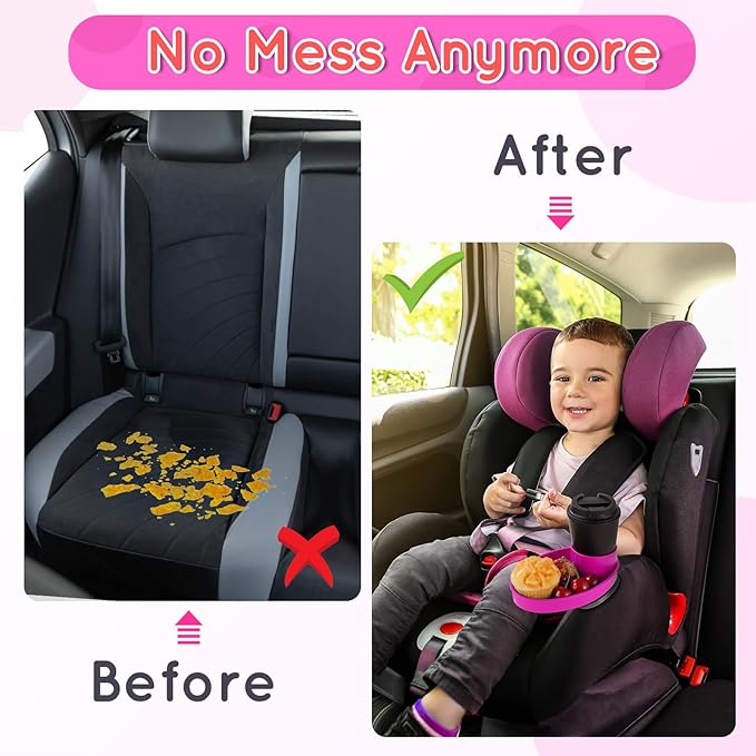 Car Seat Tray - for Cup Holders in 2.5”-2.8”,Easily Expands Snack Tray Cup Holder Tray into 360° Cup & Travel Tray for Kids Car Seat, Booster, and Stroller (Pink)