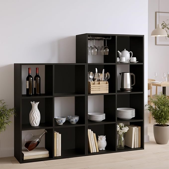 8-Cube Storage Organizer, Black Bookshelf with Open Compartments for Home Office, Modern Bookcase Display Shelf for Living Room, Bedroom & Entryway