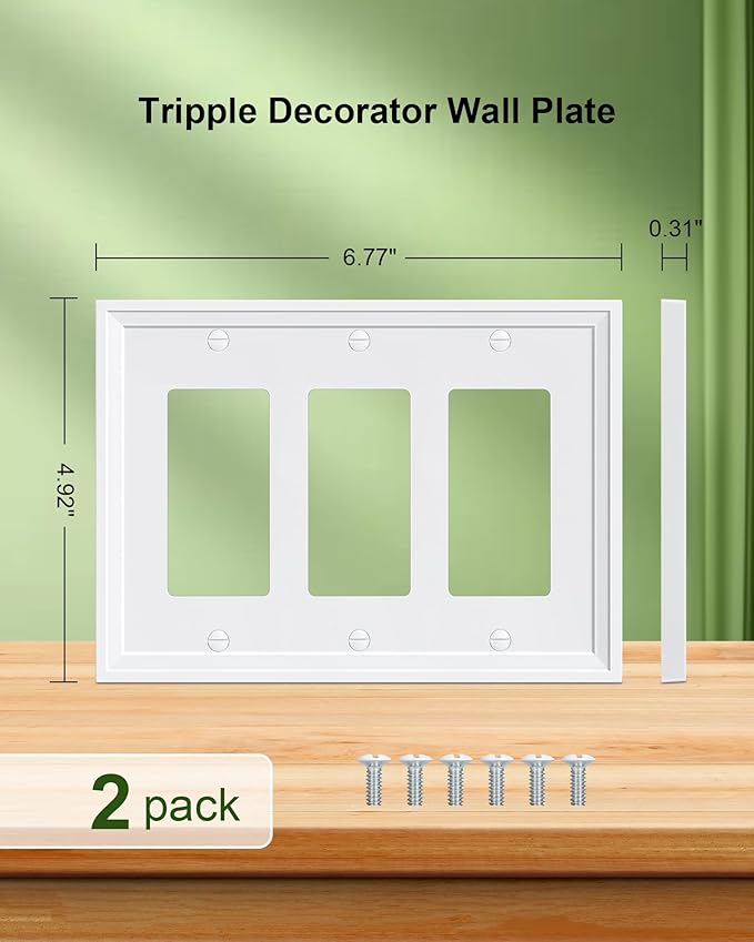 2-Pack Triple Decorator Outlet Cover Plate, White Decorative Switch Plates and Outlet Covers, Natural Bamboo Fiber Wall Plates for Electrical Outlets, Receptacle, GFCI Outlet, Dimmer Switch