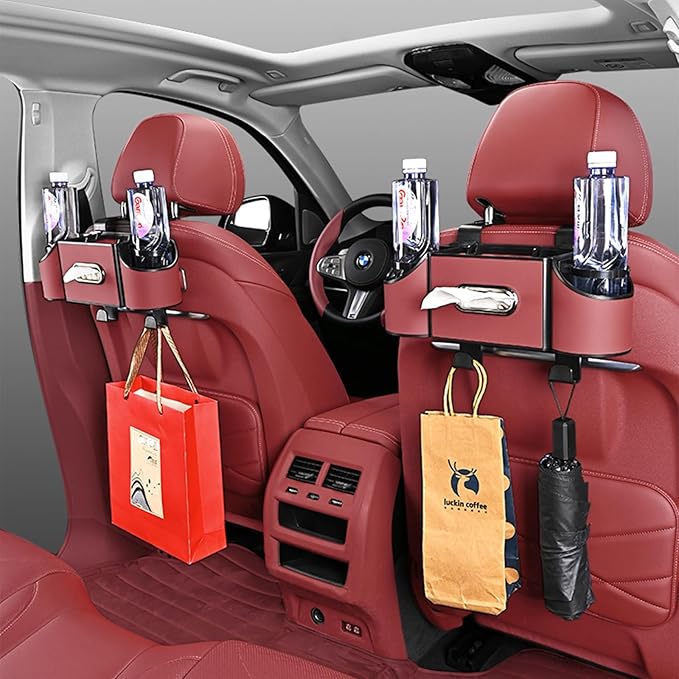 Back Seat Car Organizer,4 in 1 Multifunctional Car Back Seat Storage Box with Drink Cup Holder Tissue Box, for Hold Phone,Snacks, Drinks, Handbag-Red