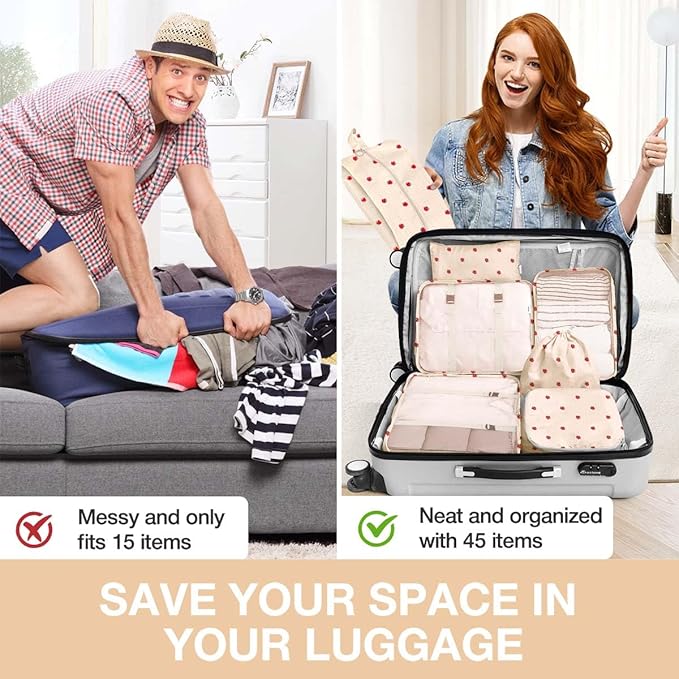 8 Set Packing Cubes for Suitcases,Suitcase Organizer with Shoe,Cosmetics,Clothing, and Accessories Bags for Travel Luggage Organizer Women Men(Beige Small Strawberry)