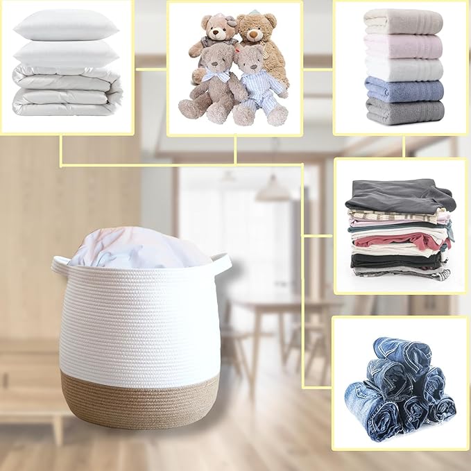 Large Cotton Rope Basket, Woven Storage Basket for Toy, Laundry and Blanket Organizer Basket, Round Hamper Basket with Handles for Kid's Room 17.7"x16.9"