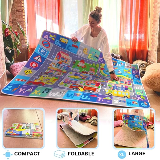 QUOKKA Baby Mat for Floor Play for Babies 6-12 Months – Super Soft Baby Floor Play Mat for Toddlers 1-3 – ABC City Large Thick Plush Rug for Nursery – Padded Foldable Activity Infant Playroom Carpet