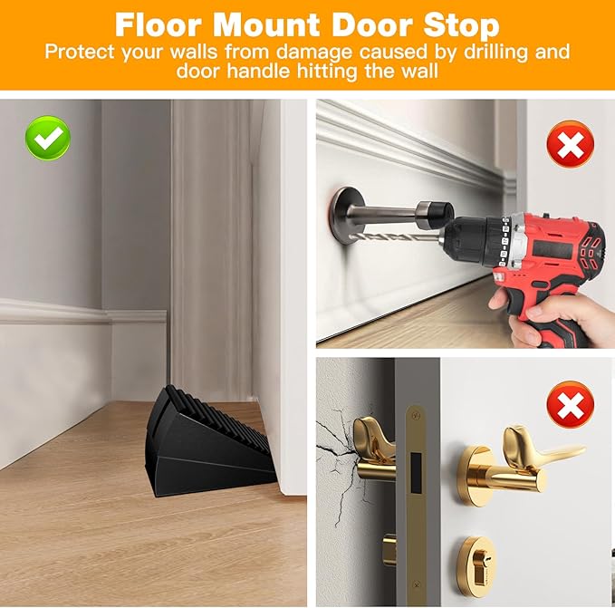 2 Pack Strongest Metal Heavy Duty Door Stop, Large Door Stoppers with Adjustable Spring, Tall Door Wedge up to 3 inch, Door Stoppers for Bottom of Door, Black Rubber Door Stops for Floor Wall
