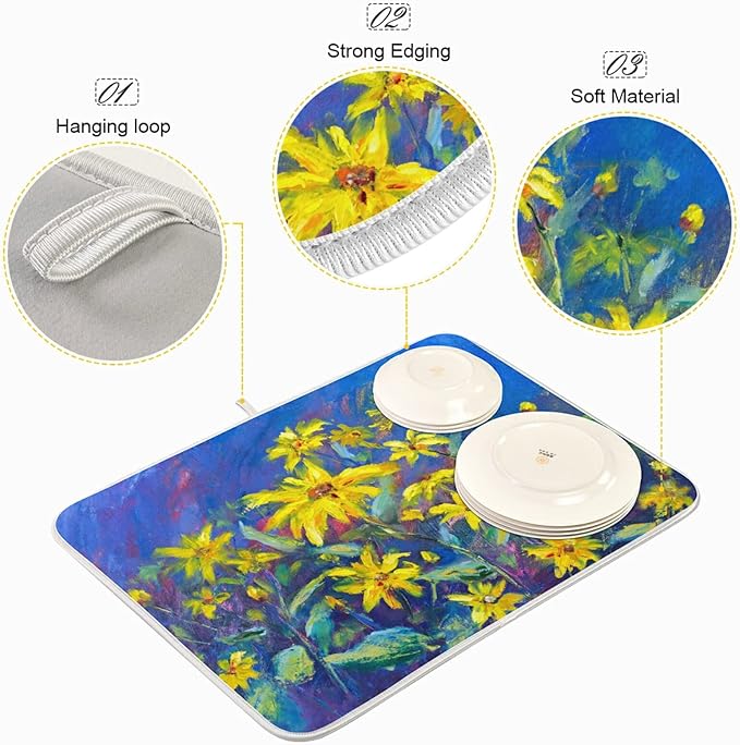 Absorbent Dish Drying Mat for Kitchen Counter - Oil Painting Flowers Microfiber Drying Pad, Reversible Drainer Mats for Countertop, Small 16" x 18"