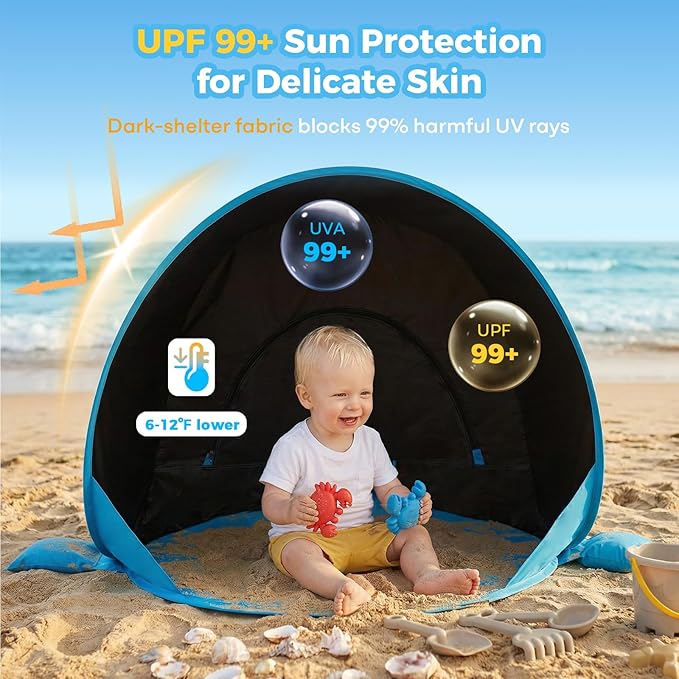 Gorich Pop Up Baby Beach Tent with UPF50+ UV Protection, Portable Toddler Sun Shelter with Mesh Ventilation, Lightweight & Foldable Play Shade Tent for Beach, Park & Backyard