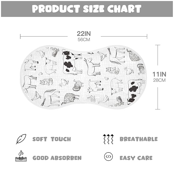 Muslin Baby Burp Cloths Set of 1, Soft Absorbent Farm Animals Muslin Washcloths, Bibs, Face Towel for Newborn Boys Girls, 22 x 11 Inch
