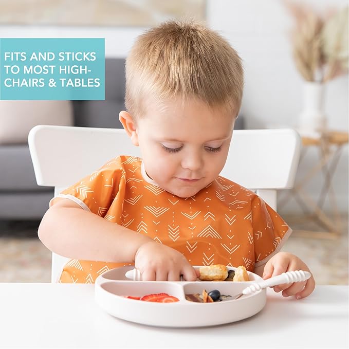 Bumkins Toddler and Baby Suction Plate, Silicone Divided Grip Dish, Babies and Kids, Baby Led Weaning, Children Feeding Supplies, Non Skid Sticky Bottom, Platinum Silicone, Ages 6 Months Up, Beige