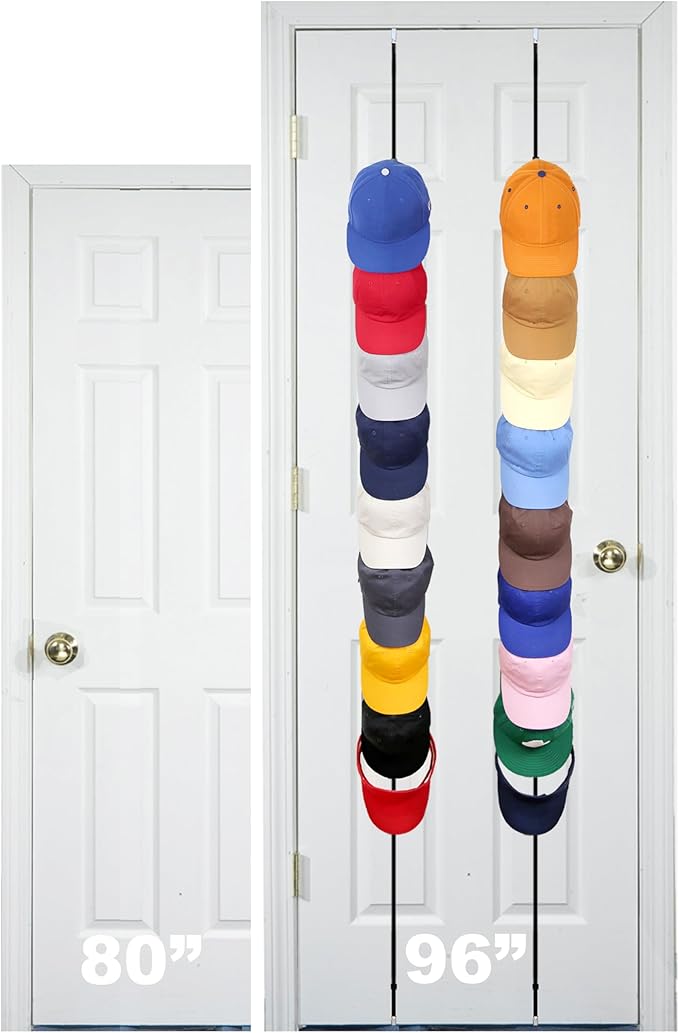 FOR 8-FEET DOORS ONLY! Perfect Curve CapRack | Over-The-Door Hat Organizer for Baseball Caps | 2 Straps, Holds 18-36 Adjustable Caps | Black