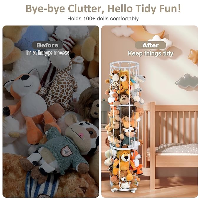BENCHRY Stuffed Animal Storage Zoo, Metal Plushies Toy Storage Organizer, Tube Stuffed Animal Holder with Brake Wheels, Space Saving Plush Toy Holder for Playroom Bedroom Nursery (White)