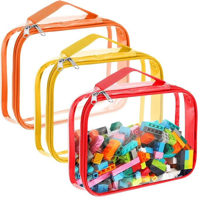 Sanwuta 3 Packs Toy Storage Bags with Zipper, Clear PVC Organizing Waterproof Toy Bags for Board Games, Building Blocks, and Kids Books(12.6 x 9 x 2.36 Inch,Red, Yellow, Orange)