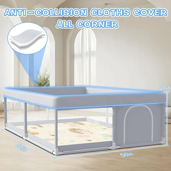 Baby Playpen with Mat, 50 x 50 Inch Play Pen Playards, Playpen for Babies and Toddlers, Baby Playard for Indoor & Outdoor Active Center Game Fence, Skin-Friendly Fabric and Soft Breathable Mesh