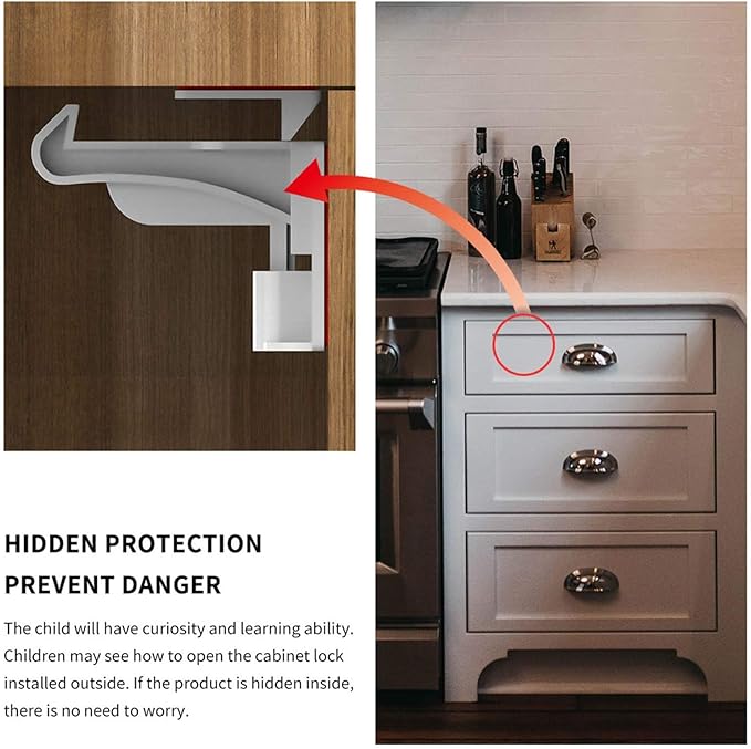 10 Pack Upgraded Invisible Baby Proofing Cabinet Latch Locks – Children Proof Cupboard Drawers Latches, Suitable for Cabinets and Drawers, No Drilling or Tools Required, Adhesive Easy Installation