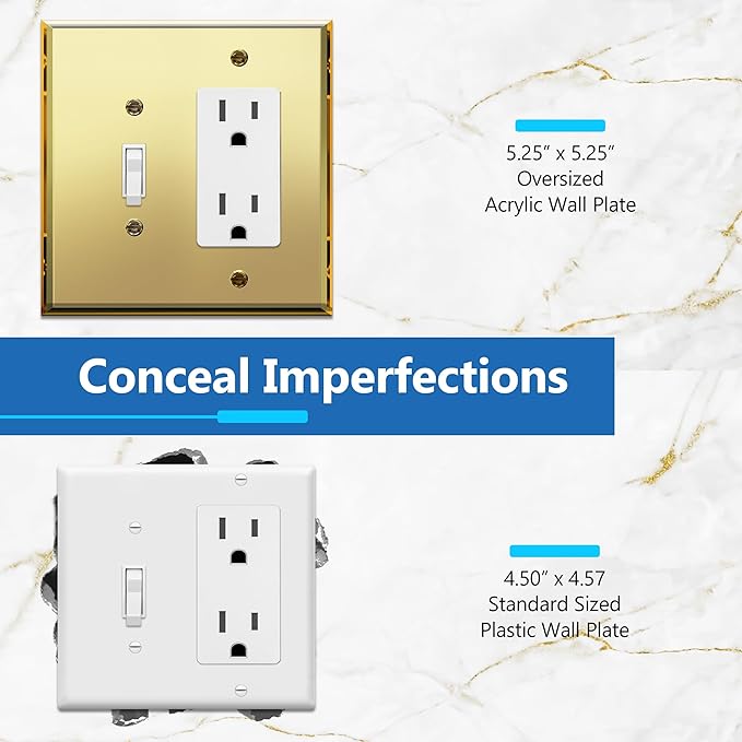LIDER Reflective Acrylic Combination Wall Plate, Mirrored Double Switch Plate, Combo Toggle Switch and Decorator Outlet Cover, Acrylic Glass, Oversized 2-Gang 5.25" x 5.25", LWP-1131O-AGD5P, 5 Pack
