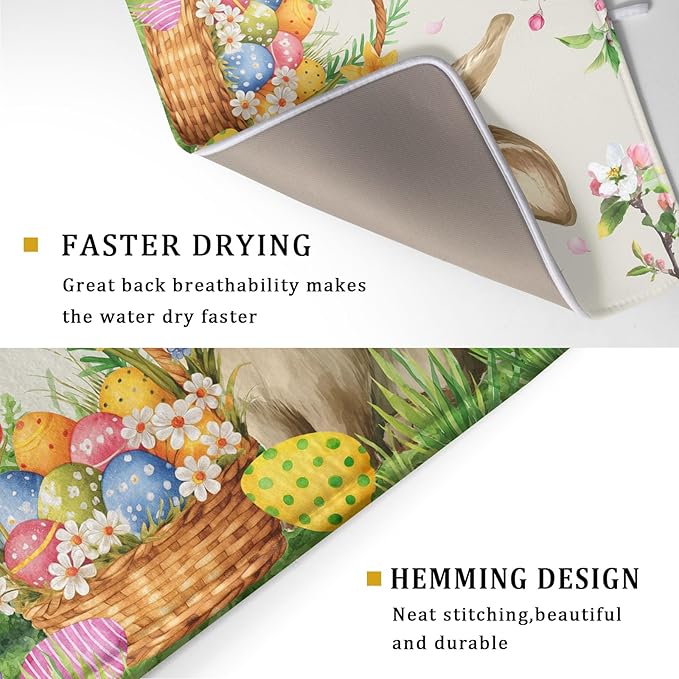 Easter Bunny Colorful Eggs Dish Drying Mat for Kitchen Counter,Spring Flowers Green Grass Drying Mat 18 x 24 Inch with High Absorbent Microfiber Drainer Mat for Coffee Bar