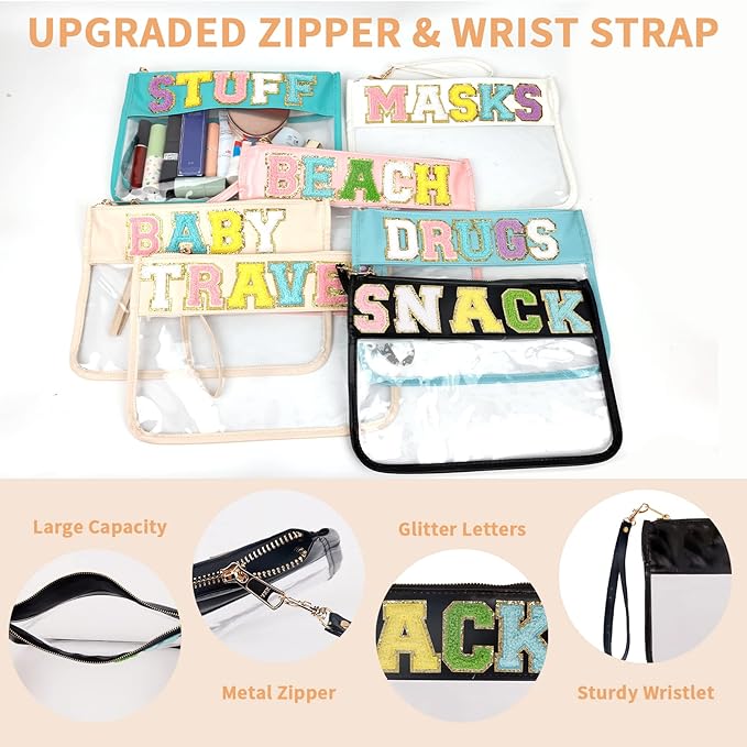 Iqimott Chenille Letter Clear Bag Snack Pouch, Monogram PVC & PU Makeup Cosmetic Bag Zipper Toiletry Pouch, Waterproof Portable Purse Travel Beach Snack Wristlet Bags for Women Girls(Snack, Black)