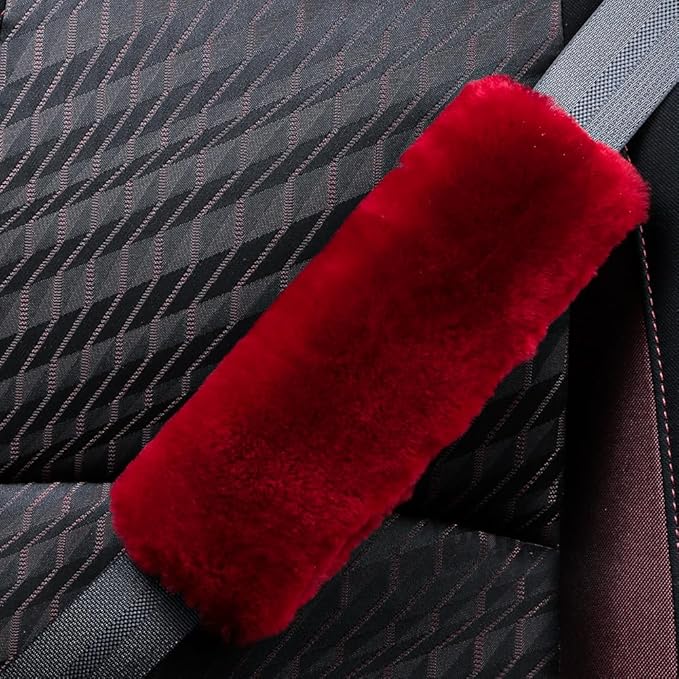 Fluffy Fuzzy Genuine Sheepskin Car Seat Belt Covers for Soft Auto Lambswool Seatbelt Pads, Shoulder Strap Cushion Adults Kids (2, Red)