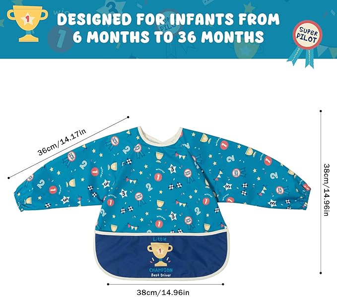 Little Dimsum Mess-Proof Baby Bibs|Infant Toddler Long Sleeve Waterproof Feeding Smock|Catching Food & Wipe Clean